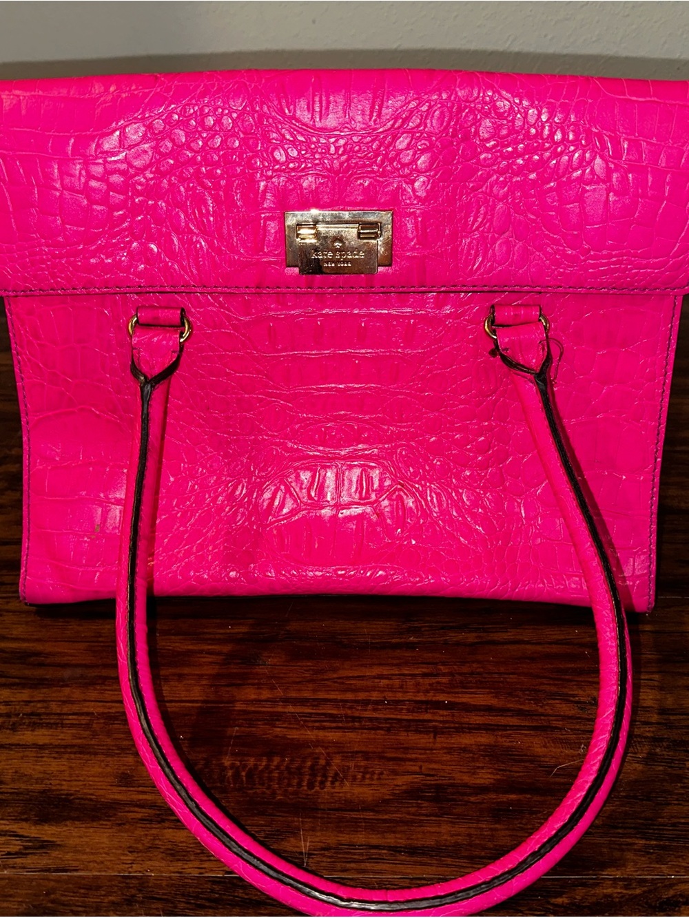 kate spade Hot Pink Croc-Embossed Satchel with Gold Hardware